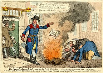Pitt as hangman stands beside a fire of faggots immediately outside the door of the 'Crown & Anchor' (name on door-post). In his right hand is an axe; he drops an open book into the flames, and looks over his shoulder at Reeves who is disappearing into the tavern. On one page (right) is the trunk of a tree surmounted by a crown and the words 'The Royal Stump', on the other: 'No Lords No Commons No Parliame[nt] Damn the Revolution'. He wears a long coat with a hangman's noose tied round his waist, a round hat, and wrinkled gaiters. From his pocket protrudes a book: 'Ministerial Sincerity and Attachment a Novel'. He says:


"Know, villains, when such paltry slaves presume
To mix in Treason, if the plot succeeds,
You're thrown neglected by: - but if it fails,
You're sure to die like dogs!"